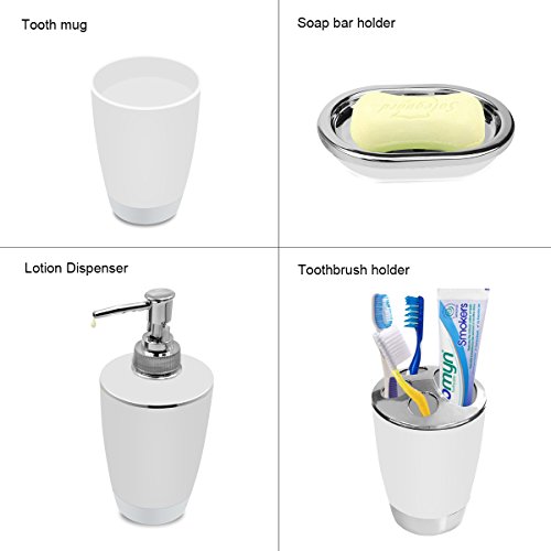 Bathroom Accessories Set, 6 Pieces Plastic Gift Set Lavatory Equipment Set, 6 Items Plastic Present Set Lavatory Accent Luxurious Lavatory Set Consists of Toothbrush Holder,Toothbrush Cup,Cleaning soap Dispenser,Cleaning soap Dish,Bathroom Brush Holder,Trash Can(White).
