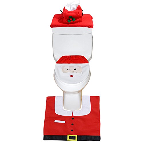 Christmas Santa Toilet Seat Cover, Rug, Tank & Toilet Paper Box Cover Set Red - Funny Christmas Bathroom Decorations - Set of 3
