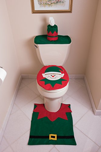 Clever Creations Elf Christmas Themed Toilet Seat Lid Cover Intelligent Creations Elf Christmas Themed Bathroom Seat Lid Cowl, Tank Cowl, and Rug Set | Inexperienced and Purple Vacation Decor Theme | Tissue Field Cowl.