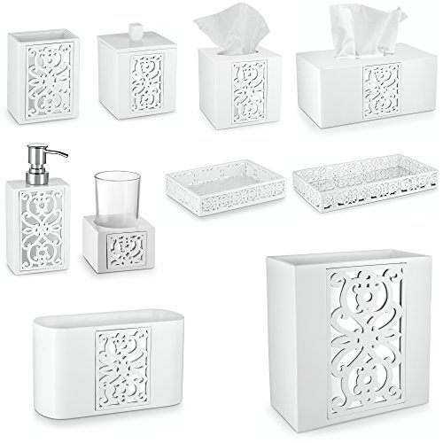 DWELLZA Mirror Janette Bathroom Accessories Set DWELLZA Mirror Janette Toilet Equipment Set, 6 Piece Bathtub Set Assortment Options Cleaning soap Dispenser, Toothbrush Holder, Tumbler, Cleaning soap Dish, Tissue Cowl, Wastebasket, (White).