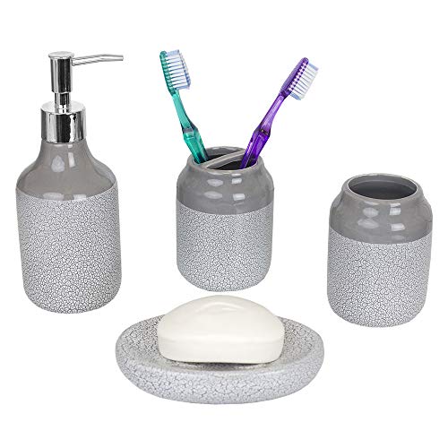 Home Basics Crackle 4 Piece Ceramic Bath Accessory Set-Includes Lotion Dispenser, Toothbrush Holder, Soap Dish, Tumbler, Grey