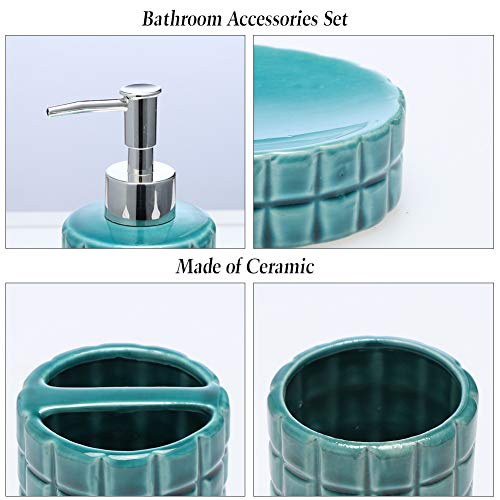 JOTOM Ceramic Bath Accessory Set,Luxury Bathroom Accessories Set JOTOM Ceramic Tub Accent Set,Luxurious Toilet Equipment Set - 4 Items with Ornamental Hand Sanitizer Bottle,Toothbrush Cup,Toothbrush Holder,Cleaning soap Dish (Darkish Inexperienced Sq. Lattice).