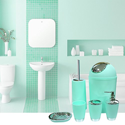 SOELAND 6 PiecesBathroom Accessories Set SOELAND 6 PiecesBathroom Equipment Set Plastic Luxurious Tub Self-importance Countertop Equipment Units, Toothbrush Holder,Toothbrush Cup,Cleaning soap Dispenser,Cleaning soap Dish,Bathroom Brush Holder,Trash Can (Mint Inexperienced).