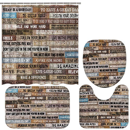 TAMOC 4 Pcs Inspirational Quotes Shower Curtain Set TAMOC 4 Pcs Inspirational Quotes Bathe Curtain Set with Non-Slip Rug, Rest room Lid Cowl and Tub Mat, Classic Rustic Bathe Curtain with 12 Hooks, Waterproof Picket Poster Rest room Curtain, Brown.