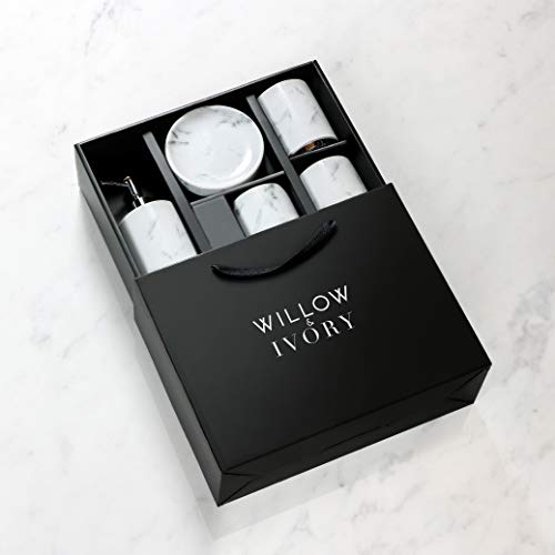 Willow and Ivory Bathroom Accessories Set Willow and Ivory Rest room Equipment Set | 5 Piece, Ceramic Bathtub Set | Toothbrush Holder, Cleaning soap Dispenser, Cleaning soap Dish, 2 Tumblers | Marble Assortment.