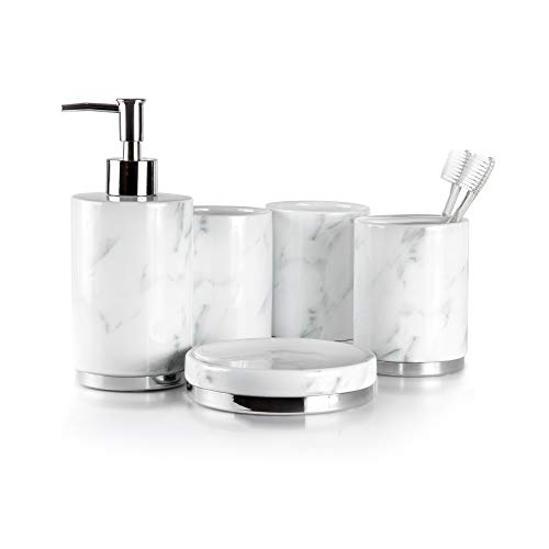 Willow&Ivory Bathroom Accessories Set | 5 Piece, Ceramic Bath Set | Toothbrush Holder, Soap Dispenser, Soap Dish, 2 Tumblers | Marble Collection