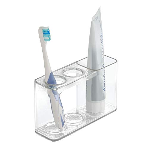 mDesign Modern Plastic Bathroom Toothbrush and Toothpaste Stand Holder mDesign Fashionable Plastic Toilet Toothbrush and Toothpaste Stand Holder - Dental Organizer with 3 Storage Compartments for Toilet Self-importance Counter tops and Drugs Cupboard - Clear.