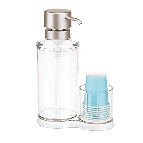 mDesign Modern Plastic Mouthwash Pump Caddy and Disposable Cup Holder mDesign Fashionable Plastic Mouthwash Pump Caddy and Disposable Cup Holder - Compact Storage Organizer for Toilet Self-importance, Countertop, Cabinet, Contains 8 Paper Cups - Clear/Satin.