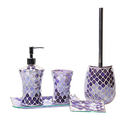 shiyacraft Mosaic Bathroom Accessories Set 5 Piece with Lotion/Soap Pump, Toothbrush Holder, Toilet Brush with Holder, Soap Dish and Towel Tray