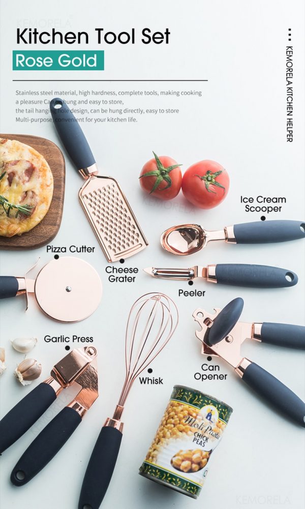 Elegant and Durable Rose Gold Garlic Press and Pizza Cutter Set