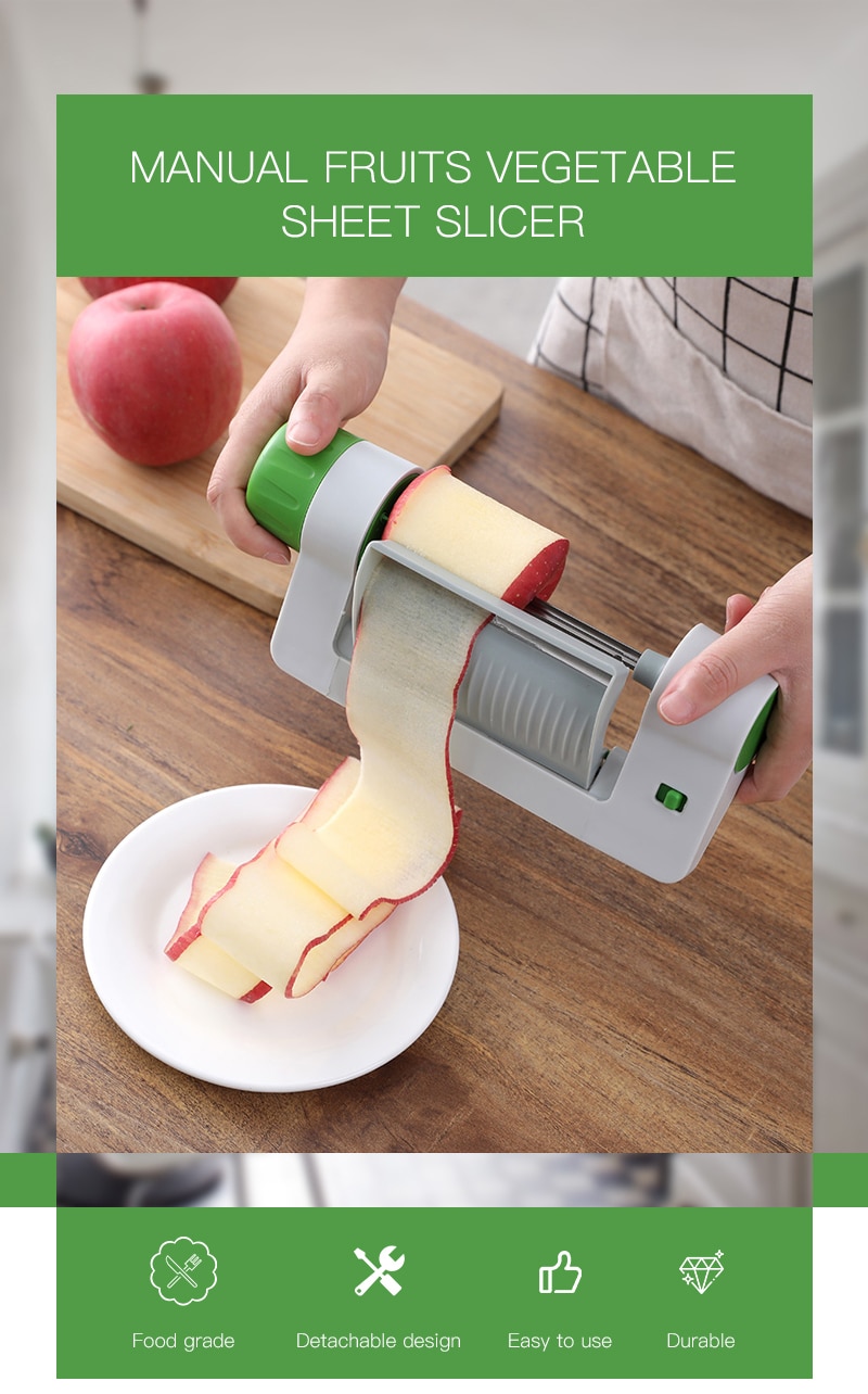 Efficient and Versatile Vegetable Sheet Slicer Kitchen Gadget The Multi-function Stainless Metal Fruit Vegetable Sheet Slicer is a kitchen device that can be used to slice a variety of fruits and vegetables. It is made of stainless steel and is a versatile kitchen equipment.
