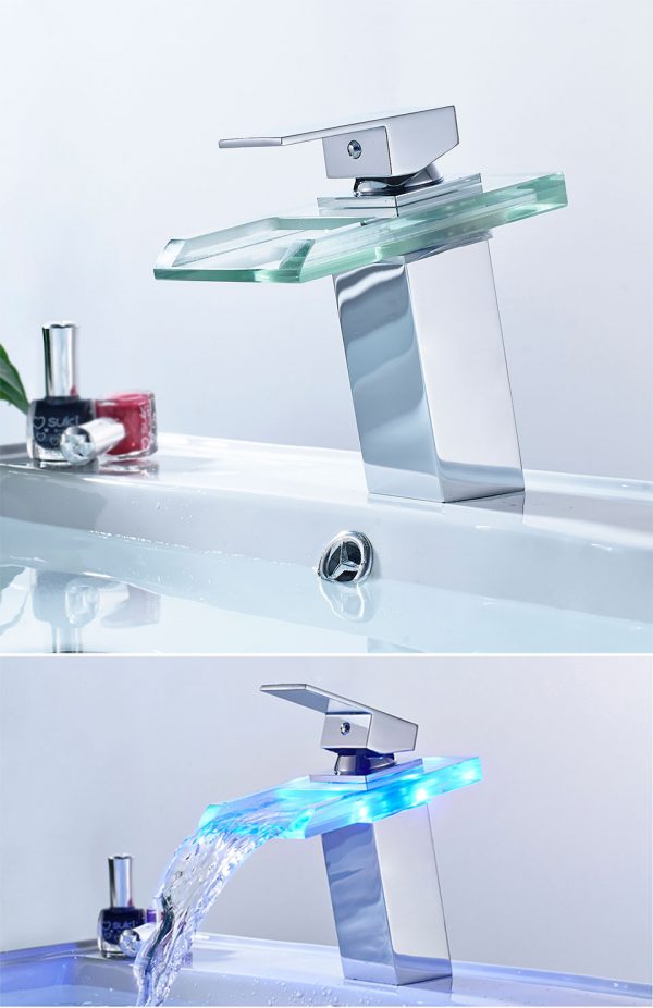 LED Basin Faucet Brass Waterfall Temperature Colors Change Faucet Kind Toilet Sink Taps