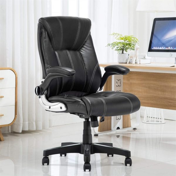 Ergonomic Executive Leather Office Chair with Flip-Up Arms and Lumbar Support Multi-Functional Use: This chair is not limited to office work. It pairs exceptionally well with drafting tables and is ideal for various creative and artistic activities. The adjustable height and comfortable design make it suitable for a range of tasks. High-Quality Materials: The chair is upholstered with high-quality PU leather, offering a luxurious and comfortable seating experience. The synthetic leather is not only soft to the touch but also exceptionally durable, ensuring long-term use. The Business Ergonomic High-Back Bonded Leather Executive Chair is designed with flip-up arms and lumbar support, making it suitable for use as a computer or gaming chair in an office setting.