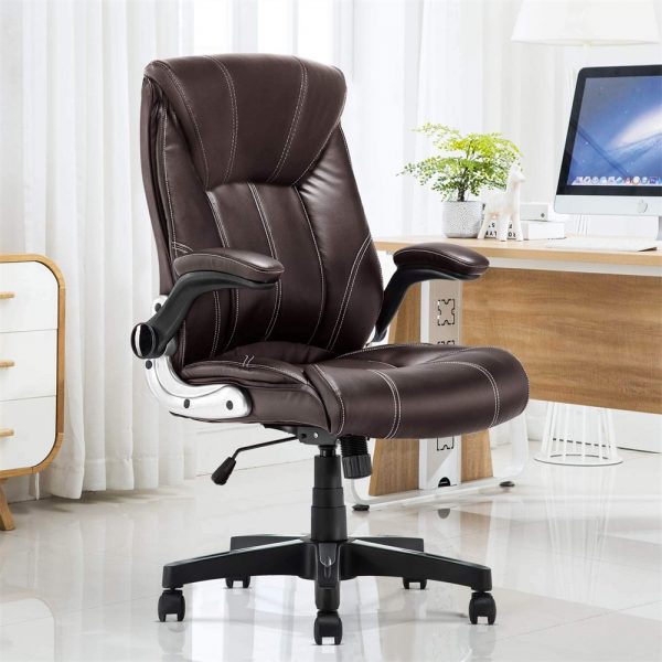 Ergonomic Executive Leather Office Chair with Flip-Up Arms and Lumbar Support Multi-Functional Use: This chair is not limited to office work. It pairs exceptionally well with drafting tables and is ideal for various creative and artistic activities. The adjustable height and comfortable design make it suitable for a range of tasks. High-Quality Materials: The chair is upholstered with high-quality PU leather, offering a luxurious and comfortable seating experience. The synthetic leather is not only soft to the touch but also exceptionally durable, ensuring long-term use. The Business Ergonomic High-Back Bonded Leather Executive Chair is designed with flip-up arms and lumbar support, making it suitable for use as a computer or gaming chair in an office setting.