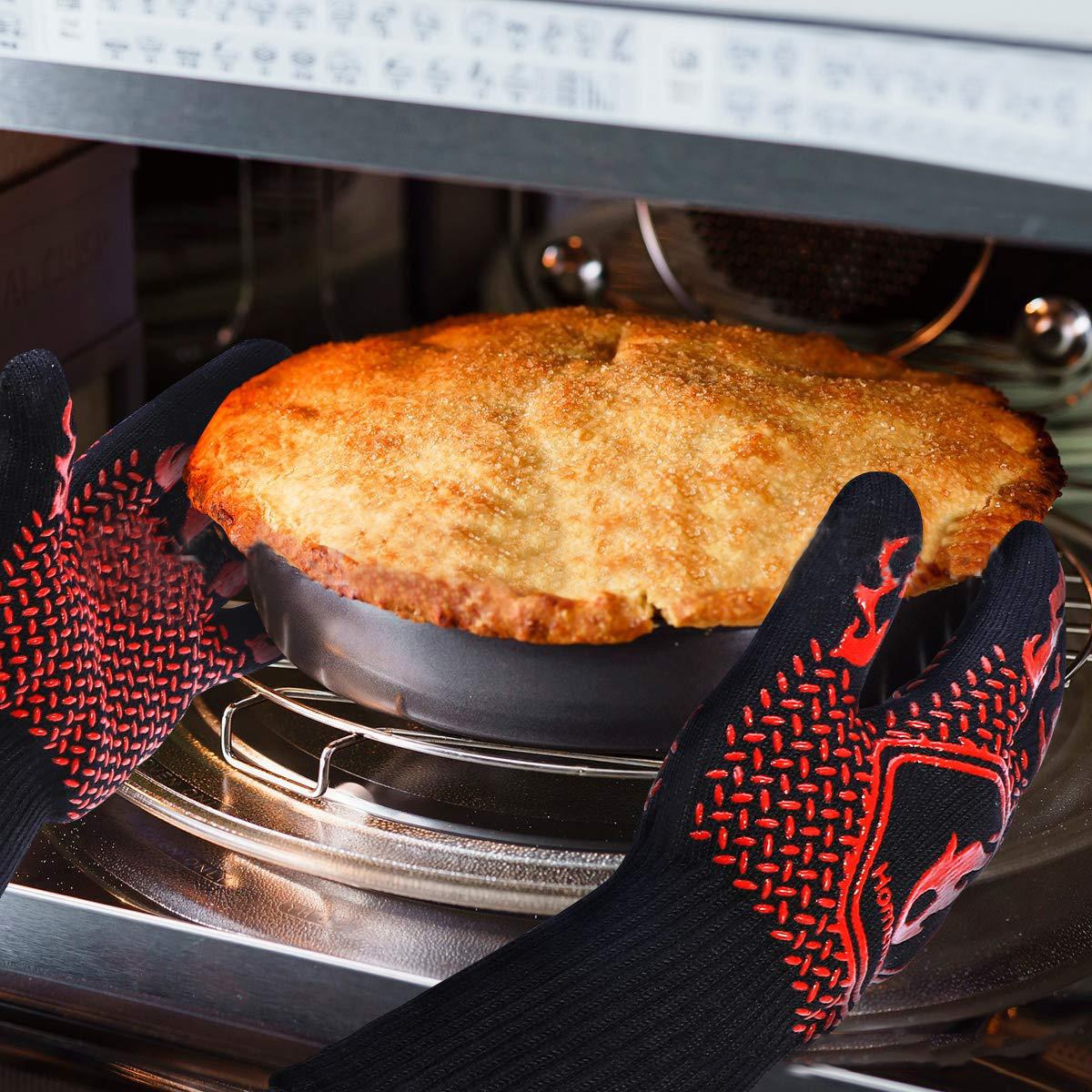 Extreme Heat-Resistant BBQ and Oven Gloves for Ultimate Kitchen Safety - Reversible, Washable, and Universally Sized Extreme Heat-Resistant BBQ and Oven Gloves are a kitchen essential for all cooking enthusiasts. Whether you're grilling up a storm at your backyard barbecue, baking a fresh batch of cookies, or handling hot pots and pans on the stove, these gloves have got you covered. With their universal size, these gloves fit both left and right hands, making them a versatile choice for any home chef. The extreme heat resistance of up to 800 degrees Celsius (for 10-15 seconds) ensures your hands are protected from scorching heat, and the 5.8-inch cuff keeps your wrists and lower forearms safe from burns when removing hot cookware from the oven. 🔥 Extreme Heat Resistance: With a thick natural cotton lining and outer aramid silicone, these gloves can withstand temperatures of up to 800 degrees Celsius for short durations, keeping your hands safe during high-heat cooking. ♻️ Easy to Clean: These gloves are machine washable, making cleanup a breeze after your cooking adventures. 👫 Universal Size: Designed to fit all, our gloves are reversible and suitable for both left and right hands, ensuring they're easy to use for everyone in the family. Enhanced Flexibility: Five-Finger Design for Improved Handling of Hot Pots and Pans, Silicone Super-Grip Surface for Secure Grasp of Cooking and Grilling Utensils.
