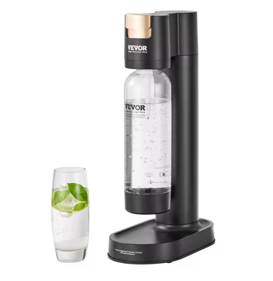 Portable sparkling water maker for homemade soda, featuring a sleek design, 1L bottle, and easy-to-use carbonation button. 