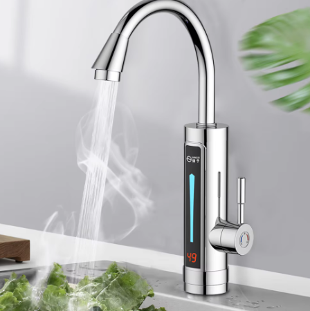 Electric instant hot water tap with 360° rotatable design, LED lighting, and a temperature display for fast heating in kitchen or bathroom.